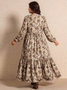 Elaquor Plus Size Floral Print Lantern Sleeve Dress - Elegant Casual Outing Dress - Multicolor - View 2
