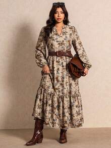 Elaquor Plus Size Floral Print Lantern Sleeve Dress - Elegant Casual Outing Dress - Multicolor - View 6