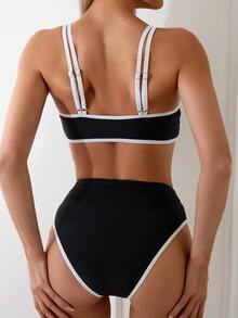 SHEIN Swim Women Summer Beach Contrast Trim Tie Detail Bikini Set For Vacation - Black and White - View 2