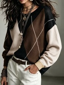 Linhara CURVE 大尺碼女款鑽石格紋休閒日常長袖針織衫 - 彩色 - 查看 4