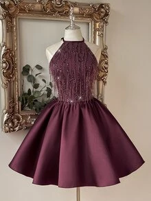 Lovelzi Elegant Romantic Fashion Berry Red Tassel Sequin Lace Patchwork Satin Halter Neck Design Oversized Flare Short Dress Suitable For Homecoming, Prom, Wedding, Party And Other Formal Occasions - Red Violet - View 8