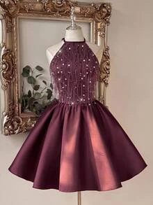 Lovelzi Elegant Romantic Fashion Berry Red Tassel Sequin Lace Patchwork Satin Halter Neck Design Oversized Flare Short Dress Suitable For Homecoming, Prom, Wedding, Party And Other Formal Occasions - Red Violet - View 2