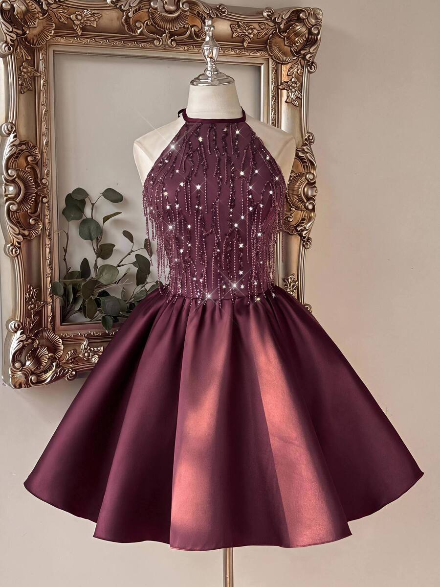 Lovelzi Elegant Romantic Fashion Berry Red Tassel Sequin Lace Patchwork Satin Halter Neck Design Oversized Flare Short Dress Suitable For Homecoming, Prom, Wedding, Party And Other Formal Occasions