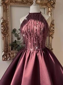 Lovelzi Elegant Romantic Fashion Berry Red Tassel Sequin Lace Patchwork Satin Halter Neck Design Oversized Flare Short Dress Suitable For Homecoming, Prom, Wedding, Party And Other Formal Occasions - Red Violet - View 6