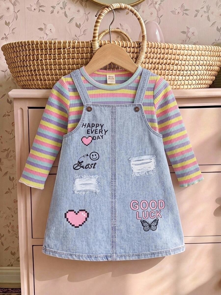 SHEIN Gaun Terusan Anak Perempuan Gaya Korea, Motif Kartun Lucu, Model A-Line Longgar, Ukuran Sedang hingga Besar, Gaun Musim Panas Anak 1 PAK - Biru - View 1