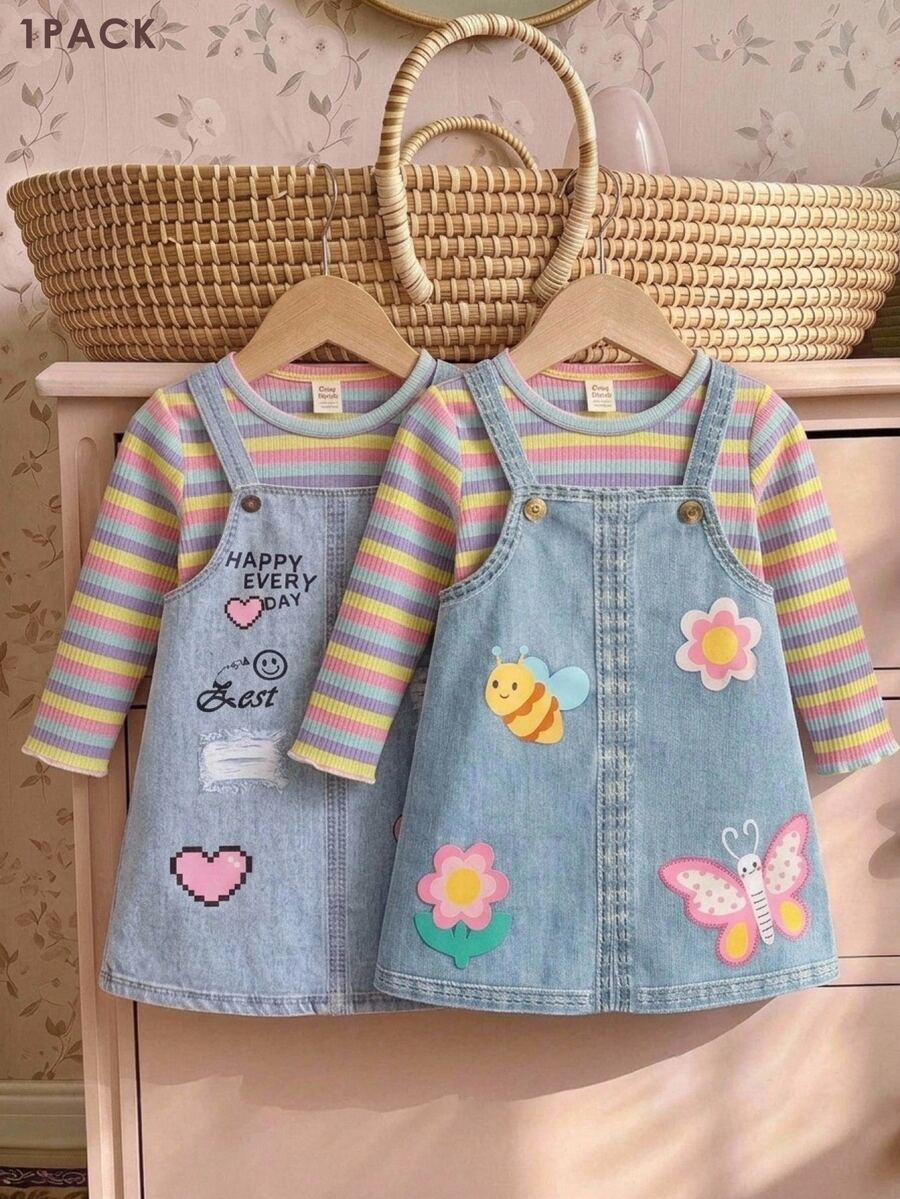SHEIN 韓式小女孩吊帶裙,可愛卡通印花寬鬆A字中大童夏季洋裝 1件裝 - 藍色 - 查看 1