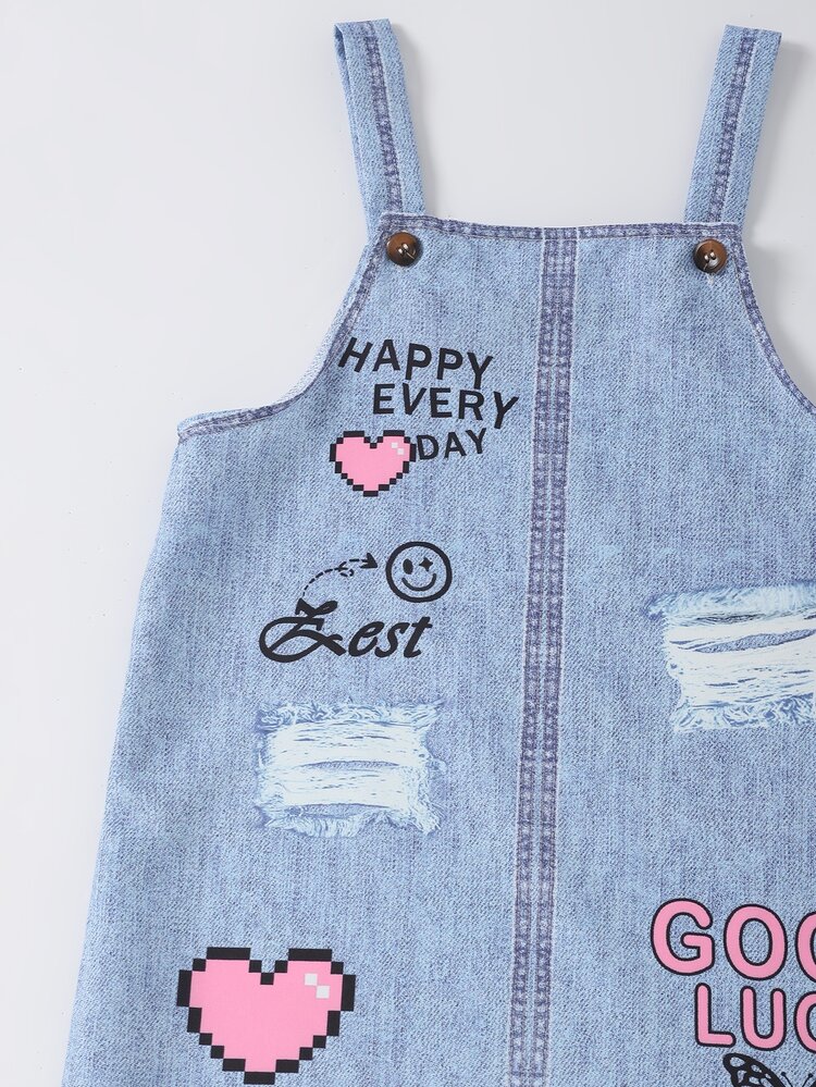 SHEIN Korean Style Little Girl Pinafore Dress, Cute Cartoon Print Loose A-Line Mid-To-Large Child Summer Dress 1PACK - Blue - View 5