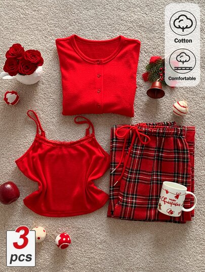 Comfortcana Women's Autumn/Winter Christmas Solid Color Single-Breasted Top Camisole And Plaid Pants Loungewear Set