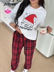 ZzzCrew Cotton Ribbed Christmas Hat Print Plaid Plus Size Women Pajama Set Holiday Casual Loungewear - White - View 5
