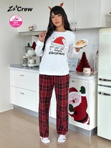 ZzzCrew Cotton Ribbed Christmas Hat Print Plaid Plus Size Women Pajama Set Holiday Casual Loungewear - White - View 8
