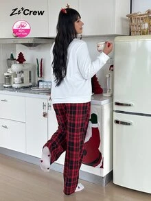 ZzzCrew Cotton Ribbed Christmas Hat Print Plaid Plus Size Women Pajama Set Holiday Casual Loungewear - White - View 3