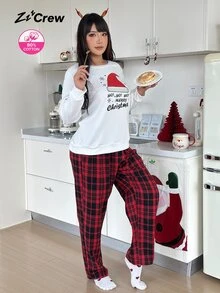 ZzzCrew Cotton Ribbed Christmas Hat Print Plaid Plus Size Women Pajama Set Holiday Casual Loungewear - White - View 6