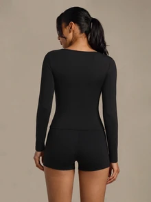 Costa Lumi Women's V-Neck Ruched Front Button Decor Long Sleeve Fitted Top, Elastic Slim Fit Solid Color All-Match T-Shirt, Casual Daily Commute, Date Night, Streetwear, Versatile Cropped Style - Black - View 2