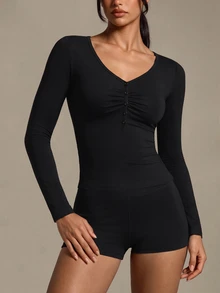 Costa Lumi Women's V-Neck Ruched Front Button Decor Long Sleeve Fitted Top, Elastic Slim Fit Solid Color All-Match T-Shirt, Casual Daily Commute, Date Night, Streetwear, Versatile Cropped Style - Black - View 4