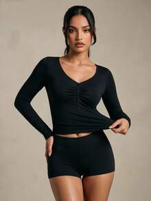 Costa Lumi Women's V-Neck Ruched Front Button Decor Long Sleeve Fitted Top, Elastic Slim Fit Solid Color All-Match T-Shirt, Casual Daily Commute, Date Night, Streetwear, Versatile Cropped Style - Black - View 1