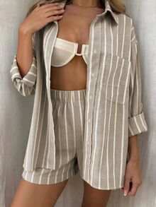Vaclyn Women's Casual Vacation Style Striped Long Sleeve Shirt And Shorts Set - Khaki - View 8