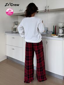 ZzzCrew Women's Cotton Ribbed Christmas Hat Print Plaid Pajama Set, Holiday Casual Loungewear - White - View 3