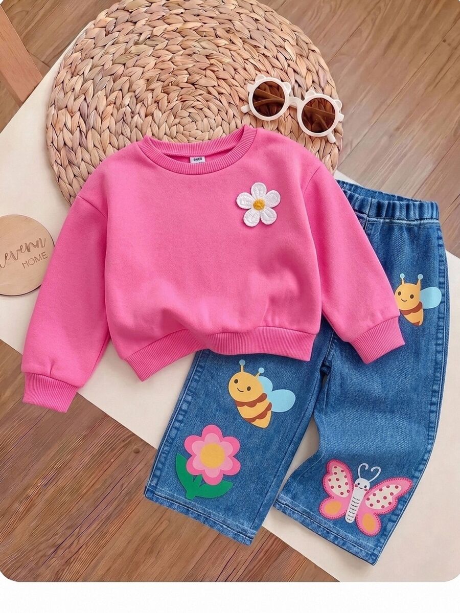 SHEIN Girls' Rose Red Floral Sweatshirt Set, Spring/Autumn Cute Bee & Butterfly Print Wide Leg Pants 2 Pieces Outfit - Hot Pink - View 1