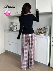 ZzzCrew Women's Cotton Ribbed Plaid Pajama Set, Fitted Button-Front Half-Opening Casual Loungewear - Black - View 3