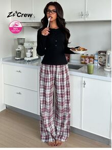 ZzzCrew Women's Cotton Ribbed Plaid Pajama Set, Fitted Button-Front Half-Opening Casual Loungewear - Black - View 5