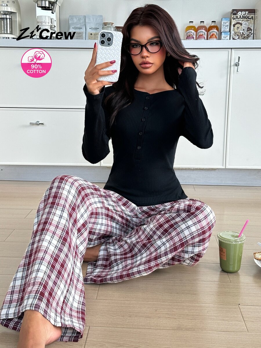 ZzzCrew Women's Cotton Ribbed Plaid Pajama Set, Fitted Button-Front Half-Opening Casual Loungewear - Black - View 1