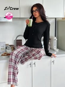 ZzzCrew Women's Cotton Ribbed Plaid Pajama Set, Fitted Button-Front Half-Opening Casual Loungewear - Black - View 6