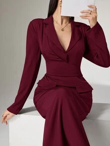 Heiryn Women Plain Color Notched Collar Long Sleeve Fitted & Elegant Dress - Burgundy - View 3