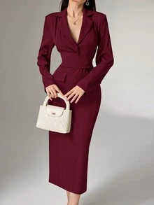 Heiryn Women Plain Color Notched Collar Long Sleeve Fitted & Elegant Dress - Burgundy - View 8