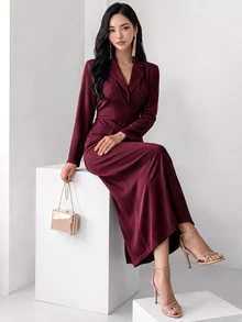 Heiryn Women Plain Color Notched Collar Long Sleeve Fitted & Elegant Dress - Burgundy - View 4