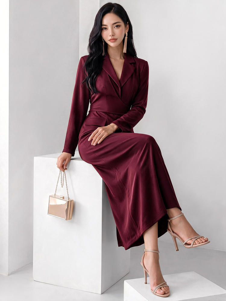 Heiryn Women Plain Color Notched Collar Long Sleeve Fitted & Elegant Dress - Burgundy - View 4