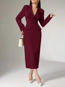 Heiryn Women Plain Color Notched Collar Long Sleeve Fitted & Elegant Dress - Burgundy - View 6