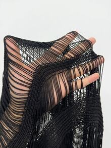 Swim Vcay 2026 Spring/Summer New Black Solid Color Women's Knit Cover Up, Sheer Hollow Out Batwing Sleeve V-Neck, Fashion Slimming Cute Elegant Boho Sexy Beach - Black - View 8