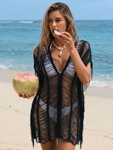 Swim Vcay 2026 Spring/Summer New Black Solid Color Women's Knit Cover Up, Sheer Hollow Out Batwing Sleeve V-Neck, Fashion Slimming Cute Elegant Boho Sexy Beach - Black - View 1