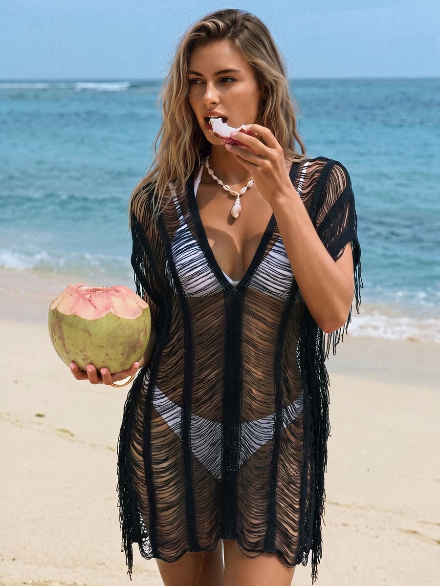 Swim Vcay 2026 Spring/Summer New Black Solid Color Women's Knit Cover Up, Sheer Hollow Out Batwing Sleeve V-Neck, Fashion Slimming Cute Elegant Boho Sexy Beach - Black - View 1