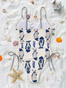 Swim Vcay Women's Vacation Letter Fish Print One-Piece Swimsuit Beach Beige Summer Cute - Blue - View 7