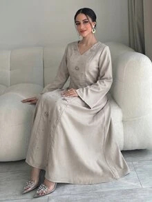 Yasmyna Women's V-Neck 🔢 Decor Casual Party Arabian Dress - Light Grey - View 2