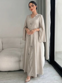 Yasmyna Women's V-Neck 🔢 Decor Casual Party Arabian Dress - Light Grey - View 8