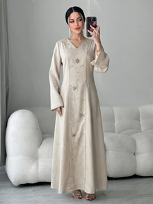 Yasmyna Women's V-Neck 🔢 Decor Casual Party Arabian Dress - Light Grey - View 4