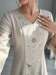 Yasmyna Women's V-Neck 🔢 Decor Casual Party Arabian Dress - Light Grey - View 3