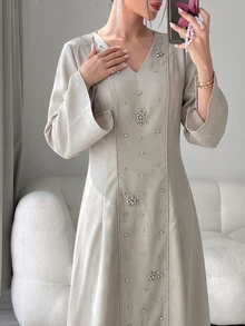 Yasmyna Women's V-Neck 🔢 Decor Casual Party Arabian Dress - Light Grey - View 6