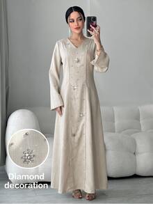 Yasmyna Women's V-Neck 🔢 Decor Casual Party Arabian Dress - Light Grey - View 1