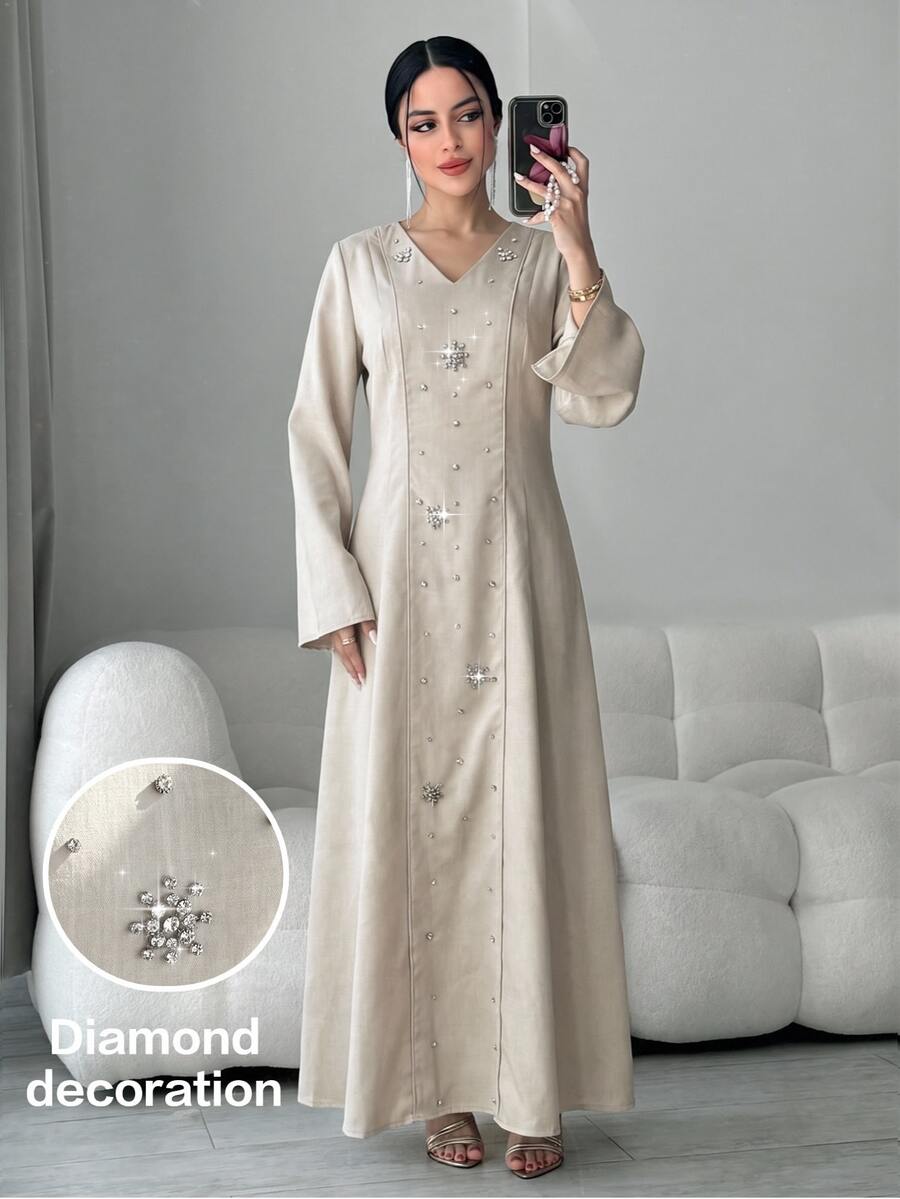 Yasmyna Women's V-Neck 🔢 Decor Casual Party Arabian Dress - Light Grey - View 1