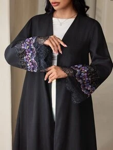 Veilorie عباية نسائية أنيقة بتصميم رقعات دانتيل على الأكمام - الأسود - مشاهدة 2