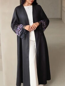 Veilorie عباية نسائية أنيقة بتصميم رقعات دانتيل على الأكمام - الأسود - مشاهدة 4