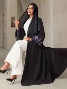 Veilorie عباية نسائية أنيقة بتصميم رقعات دانتيل على الأكمام - الأسود - مشاهدة 7