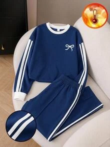 SHEIN Tween女孩童裝秋冬簡約側條紋休閒蝴蝶結印花長袖褲裝套裝 - 彩色 - 查看 10