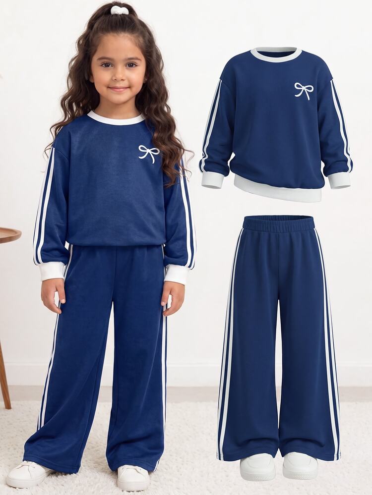 SHEIN Tween Girls Tween Girl Kids Autumn/Winter Simple Side Stripe Casual Bow Print Long Sleeve Pants Set - Multicolor - View 8