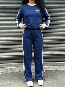 SHEIN Tween女孩童裝秋冬簡約側條紋休閒蝴蝶結印花長袖褲裝套裝 - 彩色 - 查看 3