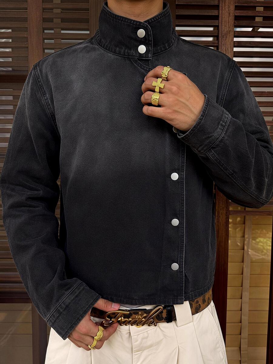 SWAVVY Men's Washed Fashion Casual Youth Asymmetric Placket Long Sleeve Jacket - Black - View 1