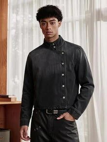 SWAVVY Men's Washed Fashion Casual Youth Asymmetric Placket Long Sleeve Jacket - Black - View 8